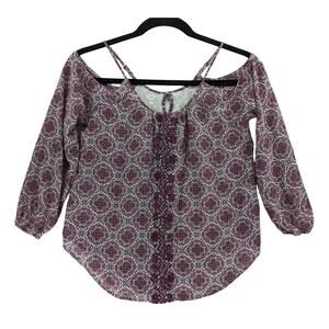 Rewind Cold Shoulder Blouse S‎ Purple Mandala Print Scoop Lace Keyhole Strappy